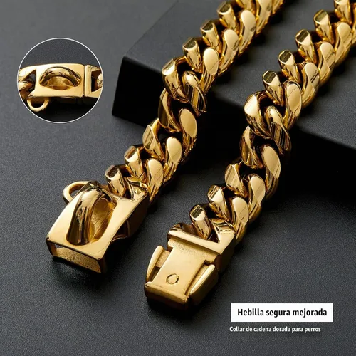 Vista 3 de Collares Fuertes de Acero Inoxidable Dorado para Perros con Cierre de Hebilla de Seguridad, Collar de Entrenamiento de Cadena de Eslabones Cubanos