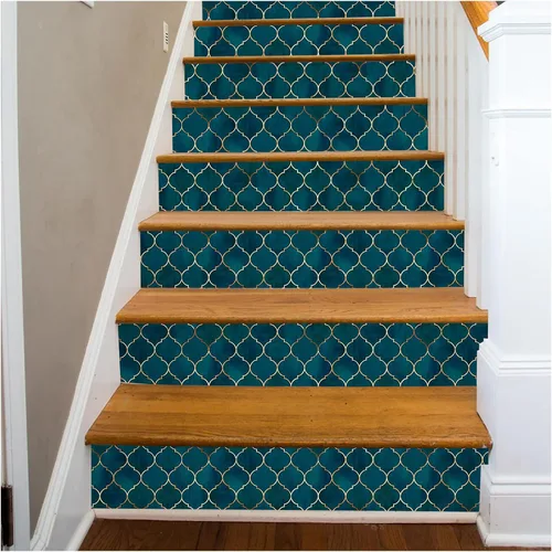 Vista 3 de HAOKHOME - Papel tapiz despega y pega, diseño geométrico enrejado, color esmeralda/zafiro azul/bronce, papel de contacto extraíble para decoración