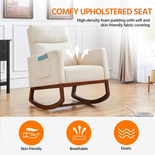 Vista 7 de Yaheetech Mecedora tapizada para cuarto de bebé, con patas de madera de goma, bolsillo lateral, sillón con respaldo alto para sala de estar, Beige
