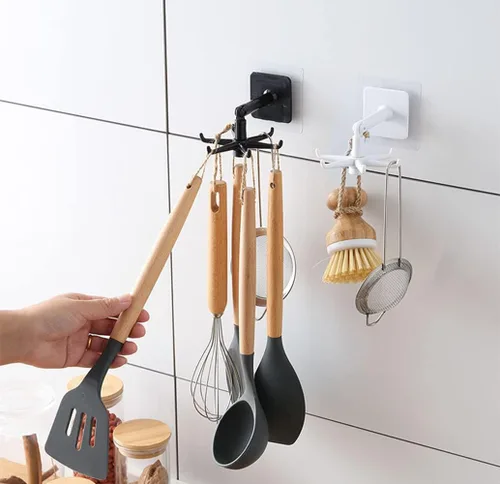 Vista 6 de Colgador de utensilios de cocina con 6 ganchos, gancho organizador para debajo del gabinete para cocina y baño, giratorio de 360°, ahorro