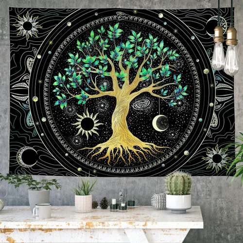 Vista 5 de Tapiz para dormitorio, estético, árbol de la vida, con luz negra, reactivo a los rayos UV, tapiz psicodélico, colorido tapiz de pared, sol, luna