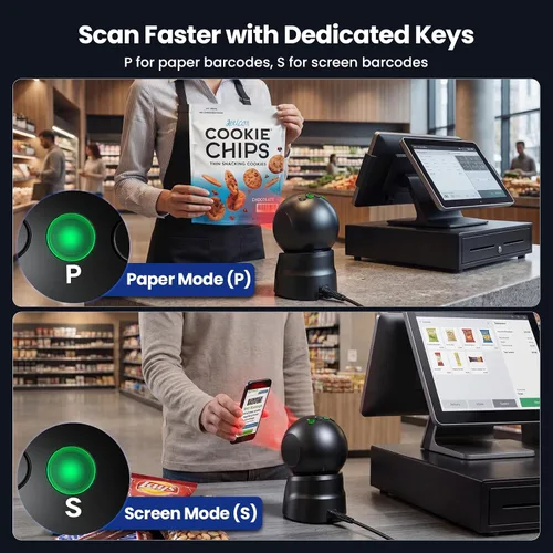 Vista 4 de Eyoyo Escáner de código de barras USB 2D, escáner de código QR omnidireccional automático de escritorio manos libres, lector de código de barras