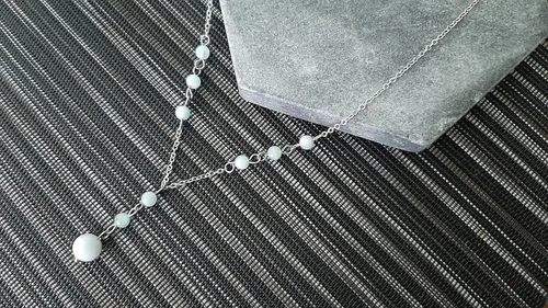 Vista 7 de Natural Crystal Bead Aquamarine Stone Y Shaped Lariat Necklace Non-Tarnish Steel Chain