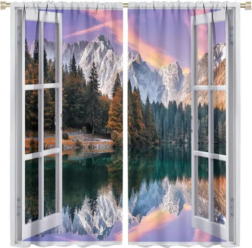Vista 12 de Cortinas de paisaje, ventana tropical con vista al mar, océano, playa, barco, cortinas con estampado de palmeras para dormitorio, sala de estar, Mar