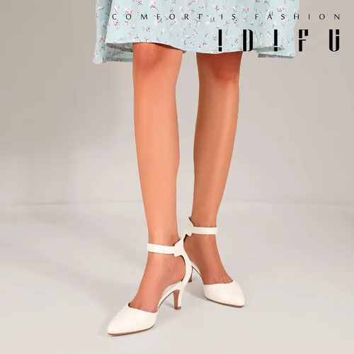Vista 6 de IDIFU IN3 D'Orsay Zapatos de tacón bajo para mujer, zapatos de vestir puntiagudos con puntera cerrada, correa de tobillo para novia, elegante