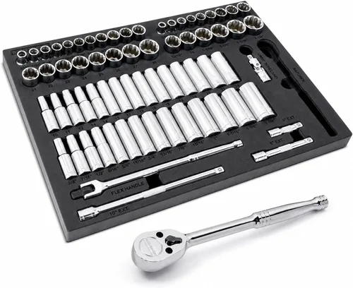 Vista 9 de Powerbuilt Master Juego de llaves de impacto de 63 piezas de 1/2 pulgada, extensiones, llaves de impacto métricas y SAE profundas/estándar, junta