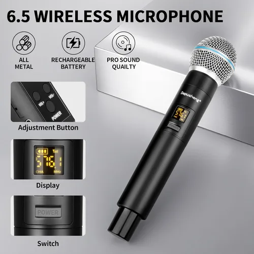 Vista 4 de Depusheng Micrófono inalámbrico, sistema profesional de micrófono dinámico inalámbrico de mano dual con receptor recargable (160 pies), juego