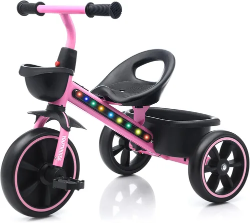 Vista 9 de Triciclo para niños con luces LED coloridas para niños pequeños de 1 a 3 años, diseño estable de 3 ruedas y canasta de almacenamiento para paseos