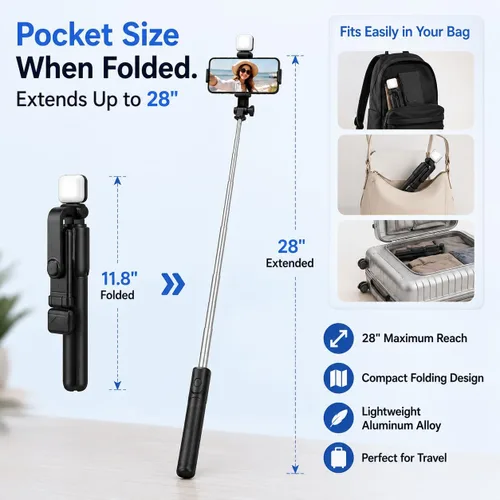 Vista 3 de Acuvar Trípode para selfie stick con control remoto Bluetooth y luz de relleno LED, soporte extensible de 28 pulgadas para iPhone, Samsung