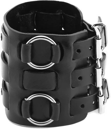 Vista 4 de HZMAN Anillo de aleación para hombre, pulsera de cuero genuino, tono plateado, ajustable