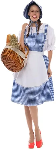 Vista 7 de FantastCostumes Disfraz clásico de Dorothy para mujer, disfraz de Halloween para cosplay, cuento de hadas de Kansas Girl, vestido a cuadros azul