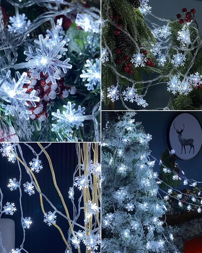Vista 6 de 100 luces LED de copo de nieve, luces de cadena de hadas de copo de nieve de 32 pies, 8 modos con enchufe, luces de cadena de Navidad, luz