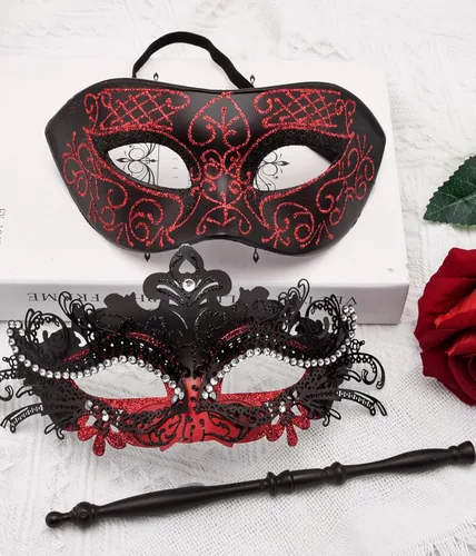 Vista 4 de SIQUK Máscaras de máscaras para parejas con palo, máscara veneciana de metal en un palo, máscara de disfraz de Halloween, máscara de Mardi Gras