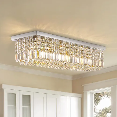 Vista 10 de Araña rectangular, con gotas de cristal, de Siljoy, iluminación moderna, montaje empotrado en el cielorraso, aplique de luz, Blanco, Siljoy-411