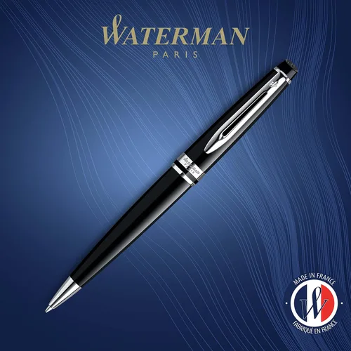 Vista 3 de Waterman Expert - Bolígrafo negro CT, punta media, bolígrafo hemisferio de tinta azul, acero inoxidable con borde cromado, punta media con cartucho
