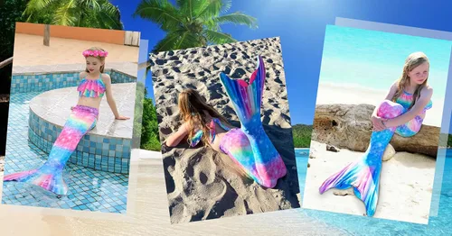 Vista 5 de DNFUN Traje de baño de sirena de 3 piezas para niñas, con cola de sirena, sin monoaleta
