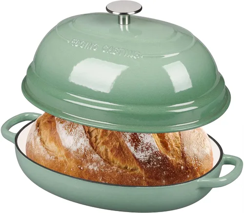Vista 9 de EDGING CASTING Olla ovalada esmaltada de hierro fundido holandés con tapa, horno holandés de pan para hornear pan de masa madre, pan holandés, horno