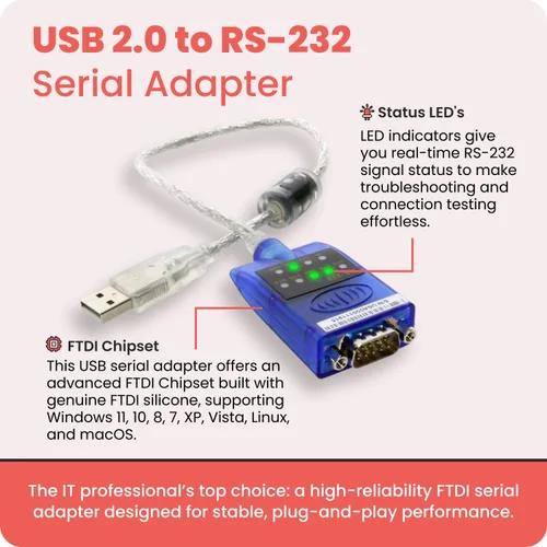 Vista 2 de Adaptador USB a serie RS-232 - Chipset FTDI original, luces indicadoras LED de doble color, Plug & Play, utiliza dispositivos seriales DB9 heredados