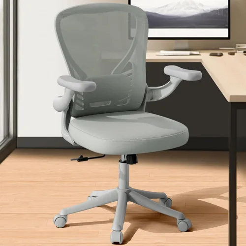 Vista 7 de Ollega Silla de escritorio para computadora con ruedas, silla de oficina de malla con brazos abatibles, soporte lumbar ajustable, silla de Gris