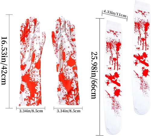 Vista 5 de Famiredo Calcetines altos y guantes para disfraz de Halloween, 1 par de guantes manchados de sangre y 1 par de calcetines manchados de sangre