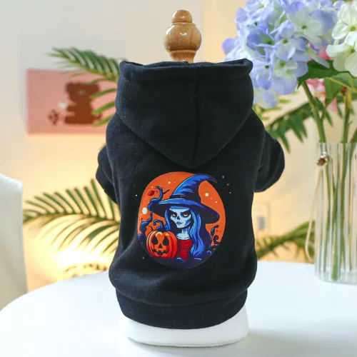 Vista 4 de Sudaderas con capucha para cachorros negros para perros pequeños con patrones de calabaza y calavera y bruja, sudadera cálida para perros