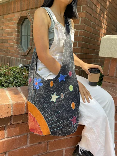 Vista 9 de Elements of Nature - Bolso cruzado estilo hippy hippy bohemio cosido a mano, color negro, grande, Varios colores, Hippie