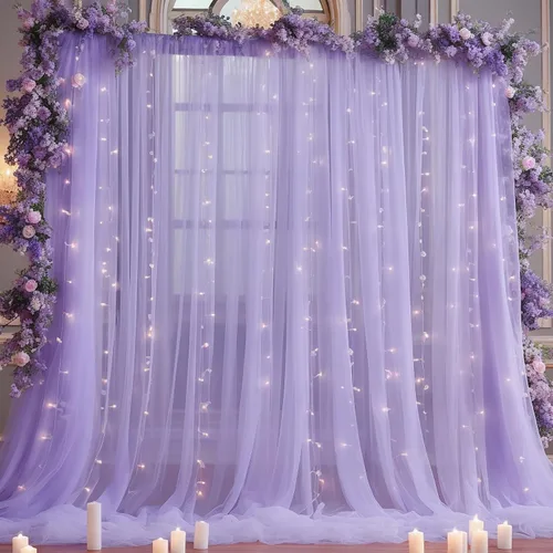 Vista 31 de Cortina de telón de fondo de tul azul bebé de 10 x 8 pies con cadena de luces para fiestas, cortinas de fondo transparentes para bodas, baby shower