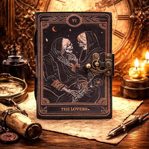 Vista 2 de C CUERO Libro de hechizos Diario de cuero con borde deckle de papel Grimorio impreso diario de los amantes del tarot, cuaderno de tarot en espiral