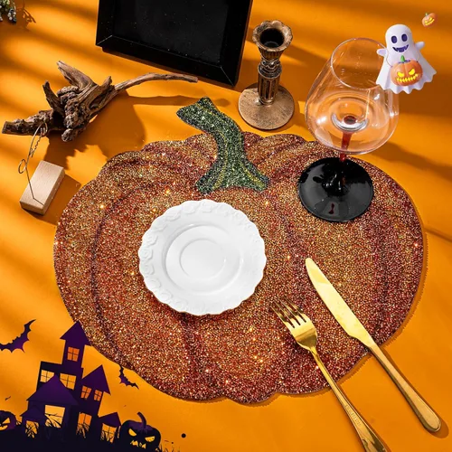Vista 2 de Mantel individual de calabaza de Acción de Gracias, mantel de Halloween, color naranja, Acción de Gracias, otoño, calabaza, decoración para centro