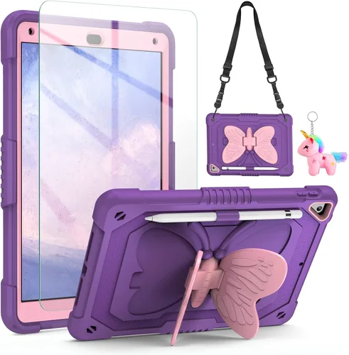 Vista 6 de VOFUOE Funda para iPad de 6ª/5ª generación con protector de pantalla para iPad 9.7, 2018 2017, correa de soporte de mariposa, muñecos, portalápices