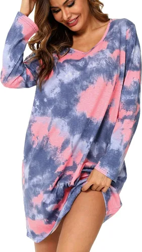 Vista 31 de ENJOYNIGHT Ropa de dormir de algodón para mujer, camisón de manga larga con estampado de camiseta para dormir ABC