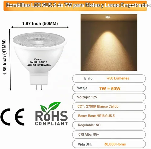 Vista 2 de Vinaco Bombilla LED MR16 38° GU5.3 2700K 7W 12V paquete de 12 no regulables