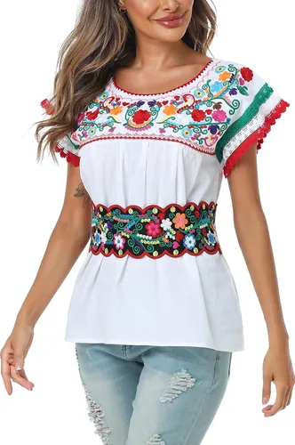 Vista 6 de YZXDORWJ Blusa tradicional colorida de encaje bordado mexicano para mujer, tricolor, camiseta del día de la independencia mexicana