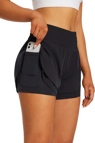 Vista 2 de BALEAF Pantalones cortos de elastano 2 en 1 para mujer, cintura alta, 3 pulgadas, bolsillos con forro