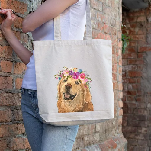 Vista 2 de Golden Retriever Tote Bag – Regalo para amantes de Golden Retriever – Corona de flores Golden Retriever Totes – Bolsos hechos a mano – Bolsas