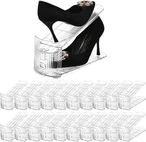 Vista 9 de Organizador de ranuras para zapatos, zapatero ajustable con tres niveles, apiladores de zapatos para un par de zapatos (transparente, paquete de 10)