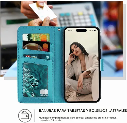 Vista 2 de Funda tipo cartera para iPhone 15, [bloqueo RFID] 3 tarjeteros con ranura para tarjeta de crédito, funda protectora magnética de cuero para iPhone