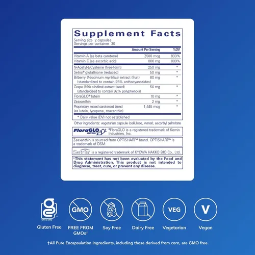 Vista 2 de Pure Encapsulations Fórmula de apoyo macular Suplemento hipoalergénico con fórmula antioxidante mejorada para ojos sanos* 60 cápsulas