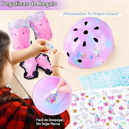 Vista 3 de Casco para niños, casco de bicicleta para niños pequeños con pegatinas DIY Unicornio, rodilleras y coderas ajustables, juego de protección para Rosa