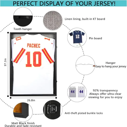 Vista 2 de Grintus Vitrina grande con marco de jersey, caja de sombra de jersey con protección UV, acrílico y colgador para béisbol, baloncesto, fútbol