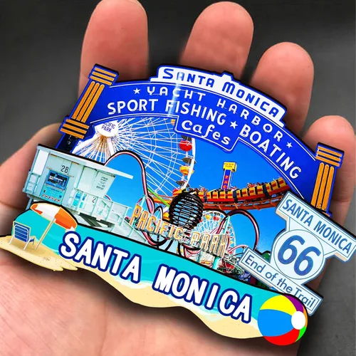 Vista 4 de Imán de madera de Santa Mónica de Estados Unidos 3D para nevera, recuerdos coleccionables, decoraciones artesanales hechas a mano