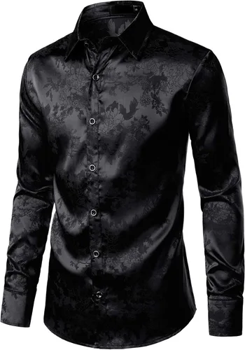 Vista 2 de ZEROYAA Camisas de vestir con botones de manga larga y estampado floral de jacquard rosa satinado brillante para hombre para fiesta de graduación