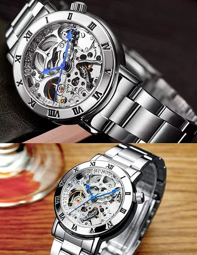 Vista 3 de MASTOP Relojes para mujer, reloj automático Steampunk de cuerda automática, pulsera de plata, reloj de pulsera de esqueleto para mujer