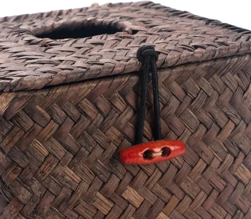 Vista 4 de Cubierta de caja de pañuelos cuadrada de Seagrass tejido para servilletas decorativa para baño estilo granja (café, 14 x 14 x 14 cm)