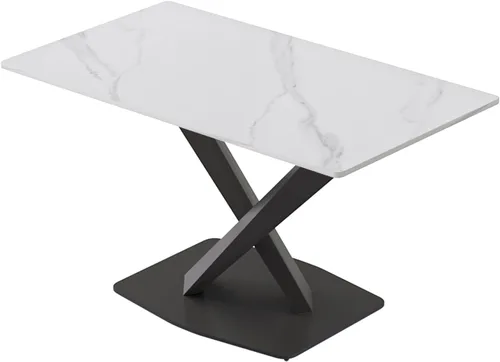 Vista 6 de Mesa de comedor moderna para 4, mesa de piedra sinterizada blanca brillante con base de acero al carbono sólido en forma de X, mesa rectangular