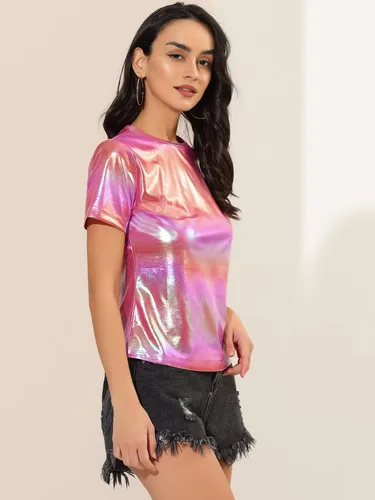 Vista 4 de Allegra K Top multicolor brillante de manga corta con textura metálica para mujer