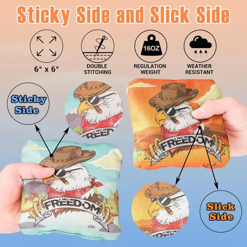 Vista 2 de EunHo Pro Cornhole Bags Set of 8 Dual Sided Slick and Stick - Competition Vaca/Águila