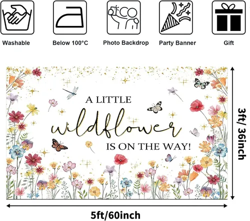 Vista 2 de Avezano Decoraciones de flores silvestres para baby shower, con texto en inglés "A Little Wildflower is On The Way", telón de fondo para baby