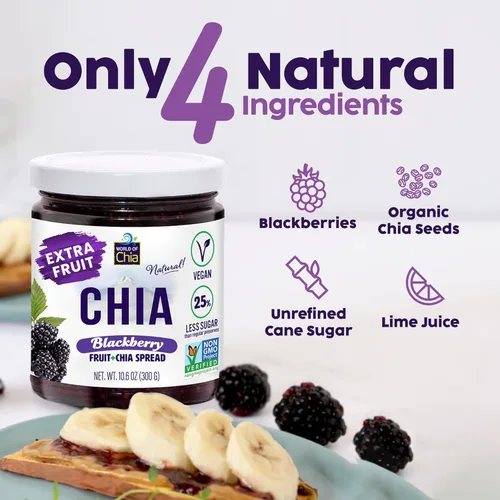 Vista 3 de World of Chia Mermelada de semillas de chía de frutas extra, mermeladas y conservas de moras, mermelada de chía súper alimentaria, totalmente