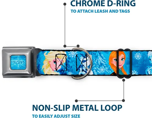 Vista 5 de Buckle-Down Collar de perro con hebilla de cinturón de seguridad, diseño de personajes de Frozen Poses azules, 1 pulgada de ancho, se adapta a